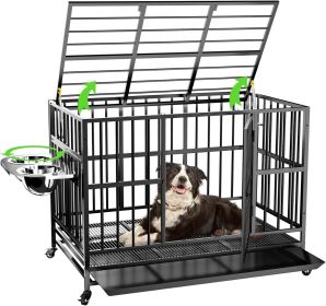 43" Heavy Duty Dog Crate with Unique Air Lift Rod/Wheels/ 360° & Adjustable 2 Bowls, Extra Medium Dog Crate