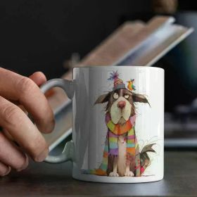 1pc 11oz Ceramic Mug - Hand-Drawn Watercolor Dog with Hat & Bird Design, Microwave & Dishwasher Safe, Perfect for