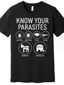 1pc Funny Political Meme Cotton T-Shirt - "Know Your Parasites" Graphic Tee with Dog Tick, Deer Tick, Flea, Leech, Democrat