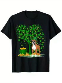 Shamrock Tree Leprechaun Hat Boxer Dog St Patrick'S Day T-Shirt, 100% Cotton, Single Side
