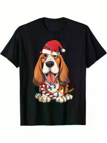 Festive Beagle with Santa Hat & Christmas Lights Men's T-Shirt - Soft Cotton, High Neck, Machine Washable - Ideal Gift for Dog Lovers