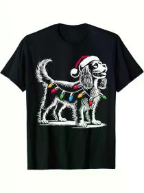 Festive Cavalier King Charles Spaniel Christmas T-Shirt - Men's Black Cotton Tee with Santa Hat Dog