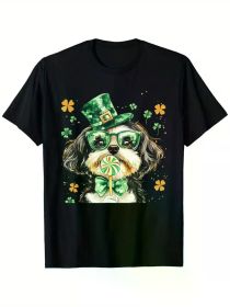 Dog Lovers Clover Lucky Clover Ireland Day T-Shirt, 100% Cotton, Single Side Print, Black Short Sleeve T-Shirt, St. Patrick's Day