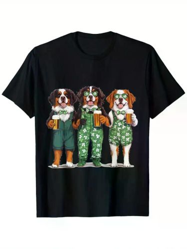 St. Patrick's Day Bernese Mountain Dog Clover T-Shirt, 100% Cotton, Single Side Print, Black Short Sleeve T-Shirt