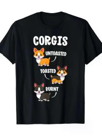 Corgi Humor Graphic T-Shirt, 100% Cotton, Crew Neck, Short Sleeve, Regular Fit, Medium Stretch, Knit Fabric, Geometric Dog Toasting Pattern