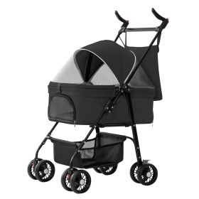 4 Wheels Pet Stroller Foldable Carrier Strolling Cart Travel Jogger Pet Stroller with Removable Liner Storage Basket for Dog Cat (Option: PetStroller Black)
